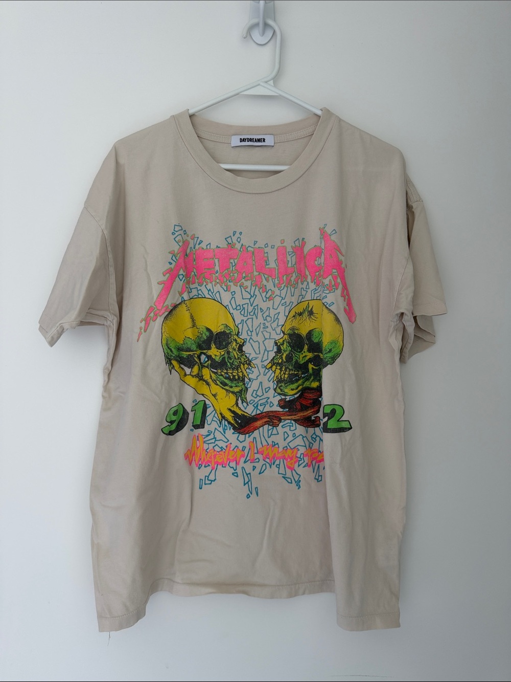 Daydreamer Beige Metallica Graphic Tee with Neon Skull Print